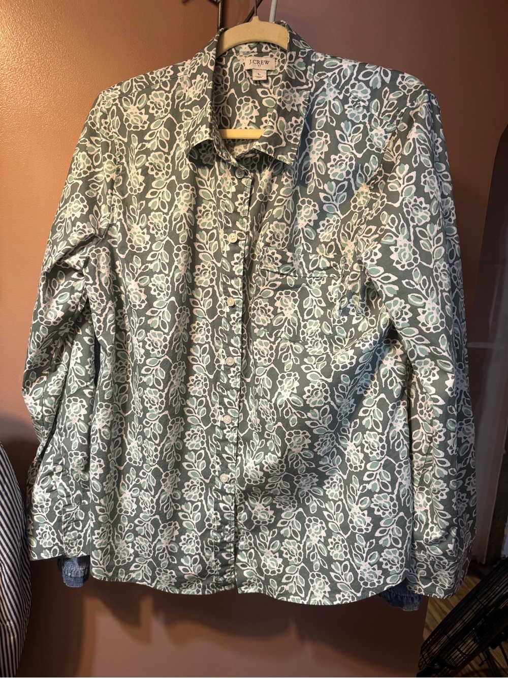 J. Crew Green and White Floral Button-Up Blouse